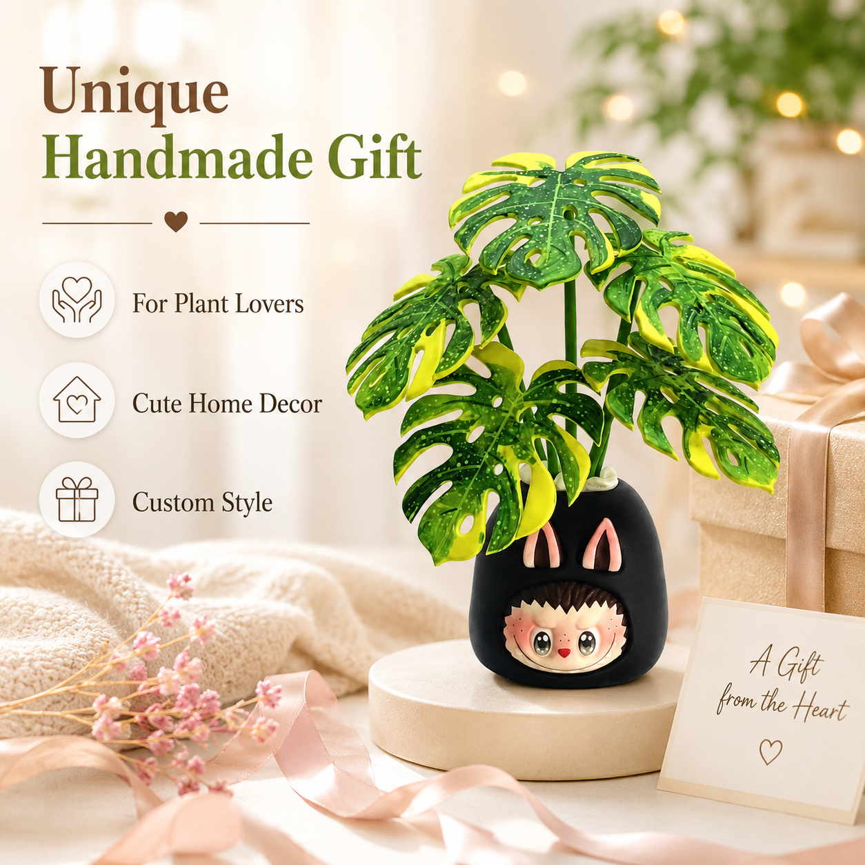 Green Labubu Resin Clay Plant Figurine